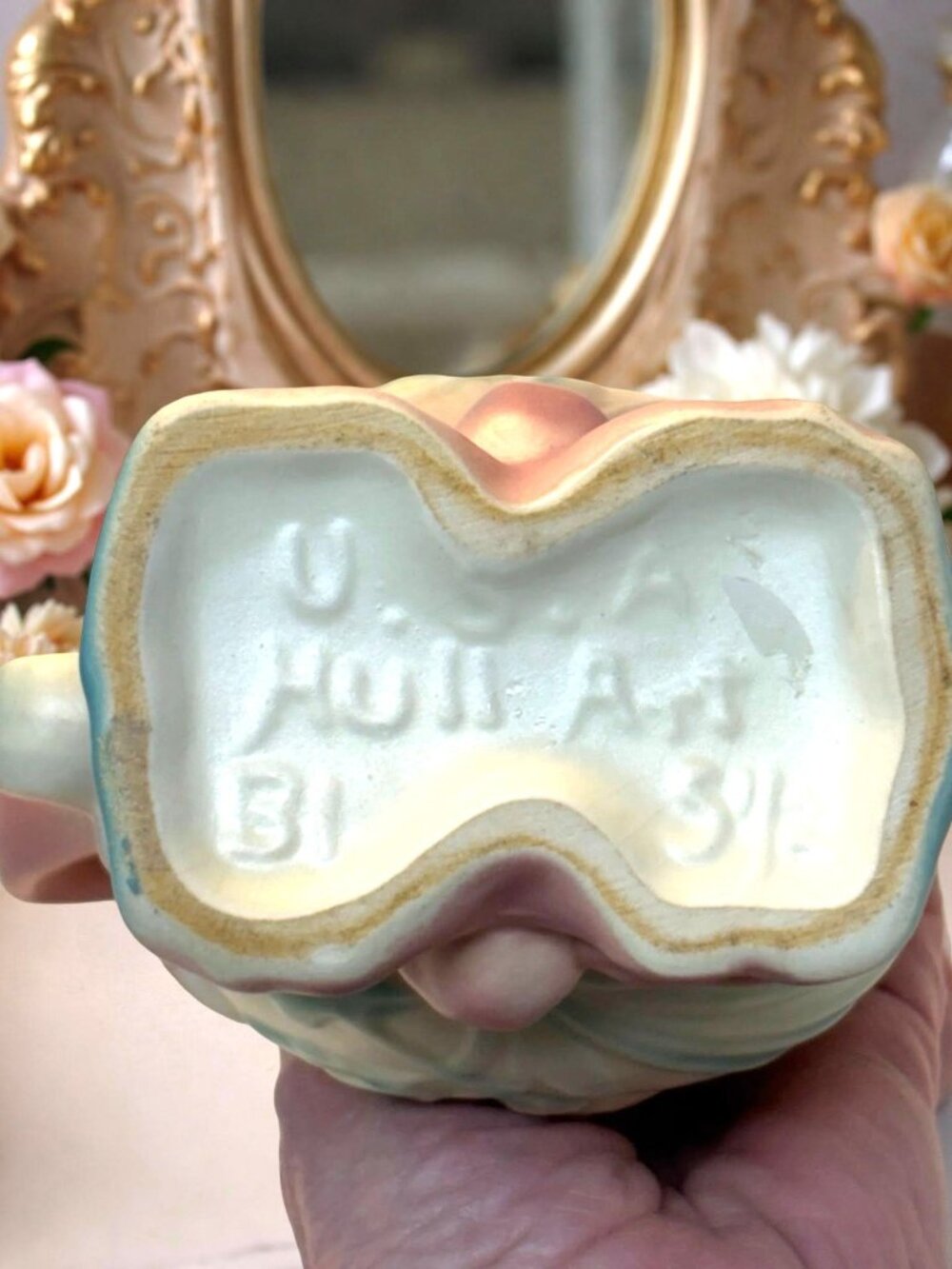 Vintage Hull Pottery Pitcher Bow Knot 1930s Blue Pink Pitcher B1 5 1/2  CottageC - Picture 4 of 6